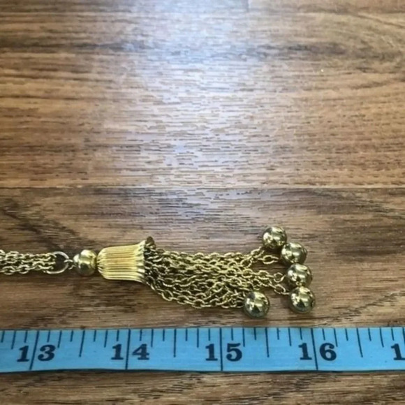 Vintage Gold Tone Tassel Necklace Chain with Beads Long Elegant‎ Jewelry - Picture 6 of 6